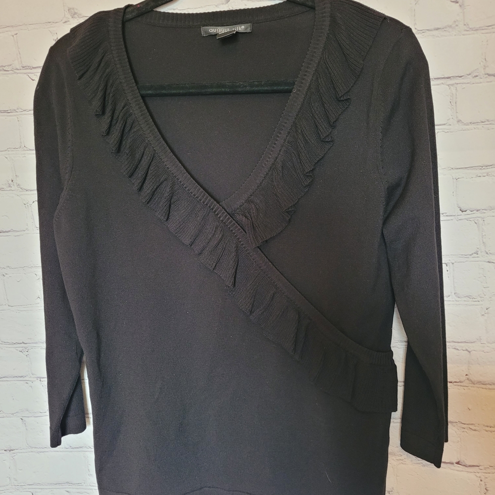 August Silk Size Large Black V Neck Ruffle Sweater 3/4 sleeves